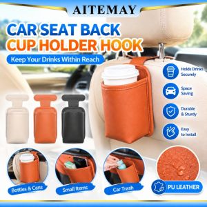 Aitemay Car Seat Back Cup Holder Hook PU Leather Hanging Water Bottle Organizer Universal Auto Interior Storage Bag For Phone Keys Trash