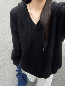 Idle Style V-neck Hooded Sweater Womens Autumn and Winter 2024 New Arrival Best Selling Loose Outerwear Coat Knitting Tops