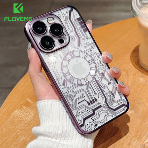 [With Lens Film] FLOVEME Clock Circuit Board Pattern Transparent Phone Case For iPhone 15 14 13 12 Pro Max 15 14 Plus Plating Matte Clear Full protection PC Shockproof Back Cover For iphone 15 14 13 12