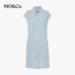 MO&Co. | Vintage Washed Denim Cheongsam Dress with Turn-up Sleeves