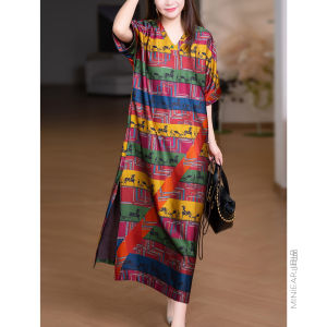 XIAOER | Đầm V-Neck Đính Dây Nơ In Hình Xe Hơi