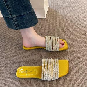 French Style Rhinestone Flat Bottom Sandals Womens Summer 2025 New Square Head Slip-On Shoes Suitable for Daily Wear And Parties