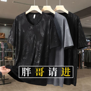 190.00kg V-neck Summer New Arrival Ice Silk Trendy Breathable Short Sleeve T-shirt Mens Loose Half Sleeve plus Size plus Size T-shirt
