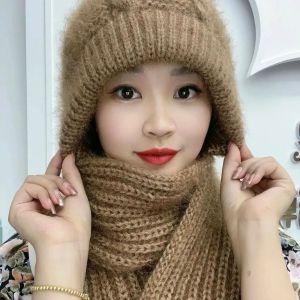 Womens Knitted Fleece Lined Hat with Scarf Integrated Warm Winter Fashionable Squirrel Fur Look Hat for Shopping And Daily Use