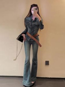 Retro Hong Kong Style Blue Denim Shirt Womens Slim Fit Waist-Cinching Outerwear Top Casual Polo Collar Long Sleeve Regular Length