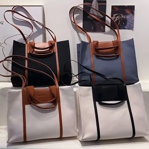 Korean Large capacity Tote bag Capacity Contrast Canvas Handbag for Women Fashion Portable Class Commute Shoulder Bags