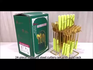 <𝙇𝙖𝙯𝙎𝙜𝙈𝙖𝙡𝙡> 24 Pcs Cutlery Set With Gold Stand Holder Stainless Steel Spoon Fork and Knife