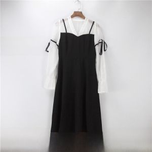 ชุดเดรสสั้นเอวสูงสไตล์ญี่ปุ่น ทรงเอ แขนยาว คอวี กระโปรงทรงเอ ชุดฤดูใบไม้ผลิและฤดูร้อน ชุดเดรสผู้หญิง