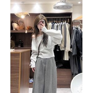 YUEZHONGWEI | Irregular Off-shoulder Slim Short Knit Sweater