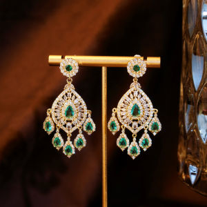 SEQUITO Charming Yellow Gold Plated Jewelry Inlay Green White AAAAA Cubic Zirconia Waterdrop Chandelier Tassel Drop Long Banquet Earrings SE1036