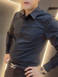 Mens Slim Fit Long Sleeve Shirt Casual Black High End Feel Spring Autumn New Style Fashionable Versatile Button down Collar
