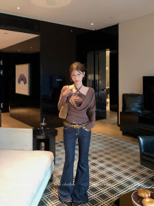 Slim Fit Denim Bell Bottom Pants Washed Blue Elastic Casual Long Trousers for Women Stylish Linoneone Fashion Brand