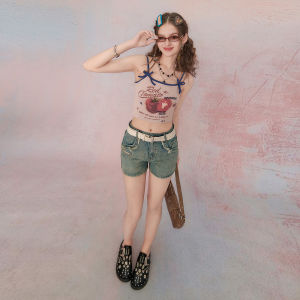 SEENFAAN Short Fit Womens Tank Top Summer New Spicy Sweet Printed Casual Style Cotton Blend Sleeveless T-Shirt for Young Ladies