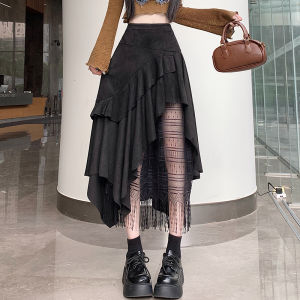 กระโปรงทรงเอเอวสูงทรงเอผ้าซาตินลูกไม้สไตล์ย้อนยุคสำหรับผู้หญิงในฤดูใบไม้ร่วง กระโปรงสั้นทรงเอเอวสูงไม่สมมาตร