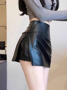 Hot Short Leather Skirt High Waist A-Line Half-length Zipper Side Slit Korean Style Fake Two-Piece PU Mini Skirt for Women