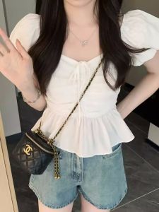 French Sweet Bubble Sleeve Chiffon Shirt Womens Summer 2024 New Design Sensation Small Audience Waist Inward Top Korean Style V-neck Short Sleeve Slim Fit