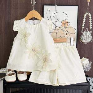 Menoea Exquisite Clothing Suits for Baby Girls 3D Flower Flying Sleeves T-shirt and Solid Color Short 2Pieces Outfits for 3 to 7 Years Kids Clothing Sets Casual Costumes