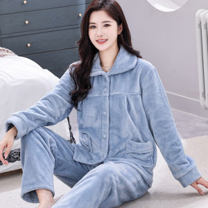 Bộ Đồ Ngủ Bằng Vải Nỉ San Hô Dày Mùa Thu Đông Cho Nữ Bộ Đồ Ngủ Cotton Dài Tay Cổ Bẻ Có Khóa Kéo Thường Ngày Dễ Thương