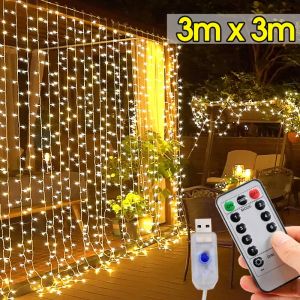 3M*3M 300LEDS Remote Control Curtain Fairy Lights 8 Modes USB String Wall Lights LED Fairy Lights Christmas Garland Curtain String Lights Wedding Party Home Window Decoration Light