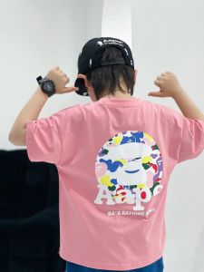 DLIDLIKIDS Summer New Colorful Print round Neck Short Sleeve T-Shirt for Boys Pink Trendy Kids Clothing Cotton Polyester Blend