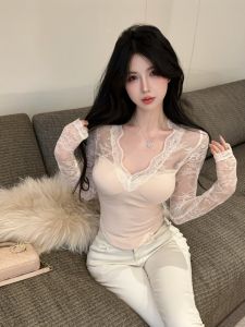 GUZILIAN | Elegant Pure Desire Lace Trim V-neck Splice Long Sleeve Base Shirt Unique Versatile Top With Chest Pad Inner Wear Casual Shirt