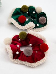 Christmas Decorative Flocking Velvet Hair Ties Pearlescent Furry Ball Hair Accessories Wine Red Elastic Hair Bands Hair Ornaments