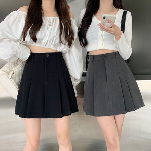 High Waist A-Line Mini Skirt Womens College Style Pleated Short Skirt plus Size Conceals Hip Korean Version Solid Color