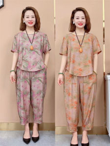 ทันสมัย ขนาดใหญ่ ผ้าฝ้าย ผ้าลินิน ชุด ลายดอก หลวม ประเภท ลำลอง ฮาเร็ม กางเกง ชุดสองชิ้นสําหรับผู้หญิงวัยกลางคน