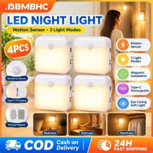 JBMBHC 4PCS Mag-netic Stick On Motion Activated Light 3 Modes PIR Sensor Night Lamp 5600K 3000K Portable Rechargeable Wall Light For Home Security Dark Corner