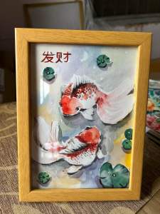 ภาพวาดปลามงคล ปลาทอง ภาพวาดสีน้ำ ขนาด5x7นิ้ว พร้อมกรอบกระจก ขอบไม้ แขวนได้ตั้งได้ แข็งแรงสวยงาม