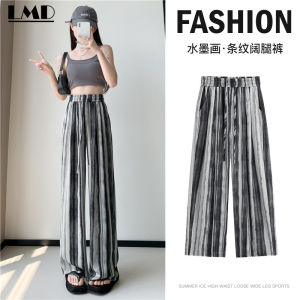 AMMIN 2023 summer new retro ink striped print wide leg casual pants Womens Korean style elastic high waist bow strap design thin ice silk cotton straight leg pants