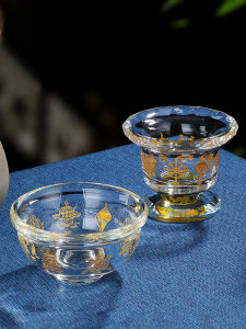 Crystal Glass Gold Water Cup High Leg Eight Auspicious Symbols Water Bowl Tibet For Home Indoor Desktop Decoration Large Small Size