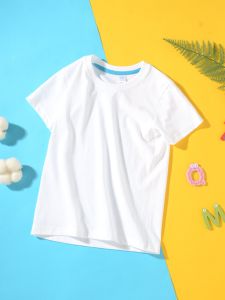 เสื้อยืดคอกลมแขนสั้นผ้าฝ้ายสีขาวสำหรับเด็ก เสื้อชั้นในสำหรับเด็กชายและเด็กหญิง ฤดูร้อน คอกลม แขนสั้น ผ้าฝ้ายแท้ 100%