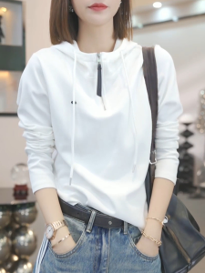 เสื้อยืดคอกลมแขนยาวมีฮู้ดสำหรับผู้หญิง ฤดูใบไม้ร่วง 2025 แฟชั่นเสื้อสเวตเตอร์แบบมีซิปครึ่งตัว เสื้อผ้าทำงาน แขนยาว ปกติ