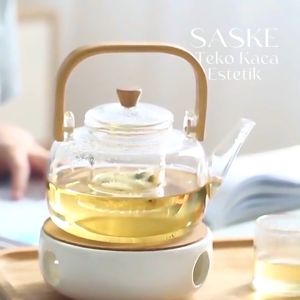 SASKE Glass Teapot Ketel Teko Teh Kopi Kaca 1 Liter Plus Saringan Gagang Kayu Teapot Teko Teh Kopi Jus Chinese Tea Tahan Panas Tutup Bambu Minimalis Aesthetic Estetik