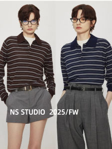 French Style Retro Polo Collar Contrast Color Stripes Knitwear Womens Fall Lapels Base Shirt Shoulder Long Sleeves T-shirt Tops