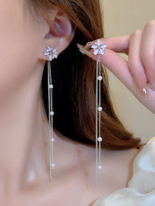 Elegant Long Pink Flower Tassel Earrings for Women unique Korean Style Alloy Silver Gold Plated Fashion Accessories