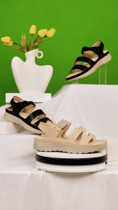 HCM - Sandal Đế Xuồng Hạnh Dung Hai Quai Ngang HD0318AC ( Màu Đen - Kem )
