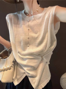 Ice Silk Knitting Sleeveless T-Shirt Womens Summer Thin Stylish Niche Style Classic Style Asymmetrical Short Vest Outer Wear