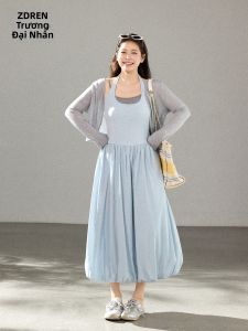 ZHANGDAREN | Đầm Halter Giả Hai Mảnh Xanh Nhạt Dài Suông Dành Cho Phụ Nữ