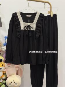 อ่อนโยน กํามะหยี่ ชุดนอน ชุดแขนยาวสไตล์เจ้าหญิง สีดำ บาง ผ้าขนแกะ ฤดูใบไม้ผลิ ฤดูใบไม้ร่วง ฤดูหนาว เสื้อผ้าบ้าน ผู้หญิง ชุดราตรี