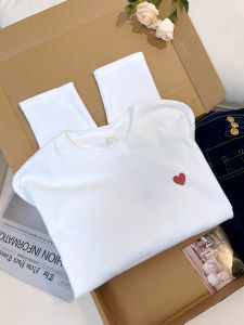 QINGNAER | Sleeve White Minimalist Hearts Print T-Shirt Slim Fit 2025 Autumn Winter New