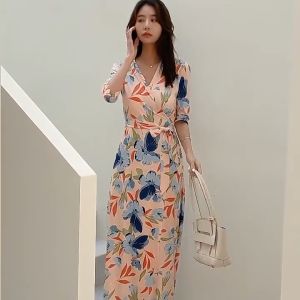 NUNA Bohemian Beach Wrap Maxi Dress Women Floral V-neck Long Dresses Casual Lengan