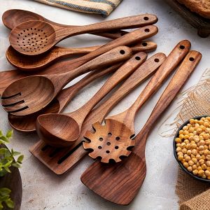 Natural Teak Wood Kitchen Utensil Set Wooden Cooking Tools with Holder Ideal for Healthy Non - Stick Cookware Cooking