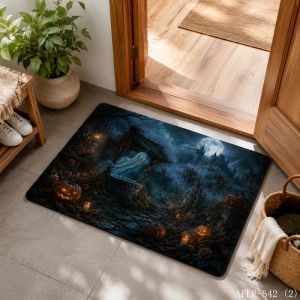 VIKAMA Foggy Forest Castle Pumpkin Halloween Doormat Non Slip Indoor Outdoor Rug Spooky Full Moon Front Entrance Decor Mat