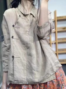 Loose Womens Cotton Linen Long Sleeve Shirt New Chinese Style National Trend Button up Artistic Retro Zen Tea Clothing