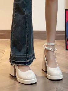 Cowhide Version ~ White Platform Mary Jane Shoes Chunky Heel High Heels French Flats Womens Fall and Winter Beaded Every Night Shoes