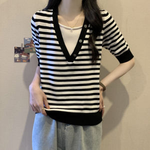 Plus Size Womens Summer Fake Two-Piece V Neck Knitting Ice Silk Shoulder Short Sleeve T-shirt Plus Size Ladies Slim Looking Belly Covering Top Half Sleeve