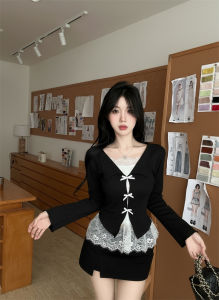 GUZILIAN | Chic Bow V-Neck Long Sleeve T-Shirt Lace Undergarment