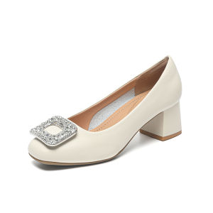 Leather Square Head Thick Heel Single Shoes Womens Water Diamond Square Buckle Medium Heel Soft Bottom Versatile Comfortable Black Work Shoes